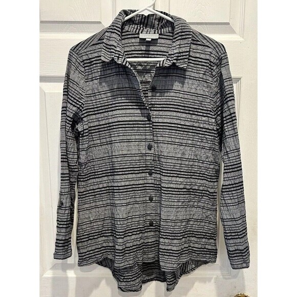 Habitat Women’s Medium Gray Black Striped Roll Sleeve‎ Button Shirt Cotton Blend - Picture 1 of 7